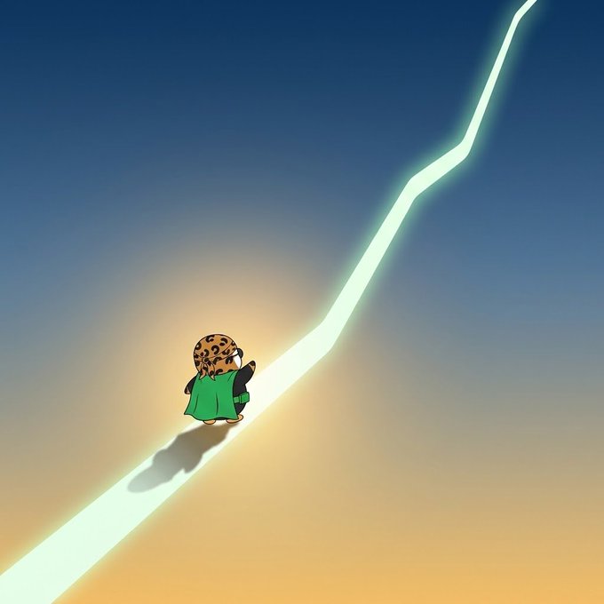An animated illustration of a small character in a green cape climbing a glowing light beam against a sunset sky.
