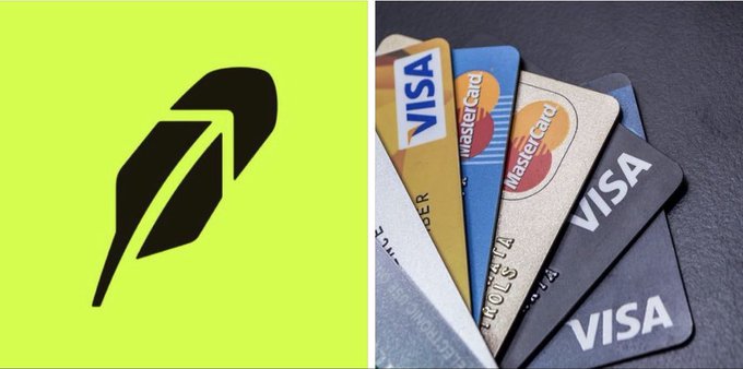 A split image showing a black feather quill pen logo on a lime green background on the left, and a fanned stack of various credit cards including Visa and Mastercard on the right.