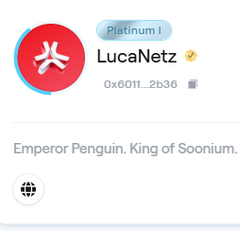 A user profile card for 'LucaNetz' showing a 'Platinum I' rank, an address starting with '0x6011...2b36', and a bio reading 'Emperor Penguin. King of Soonium.'