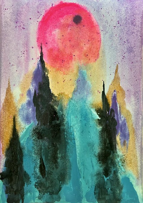 A watercolor painting depicting tall, dark cypress-like trees beneath a large pink sun or moon against a textured purple and yellow sky.