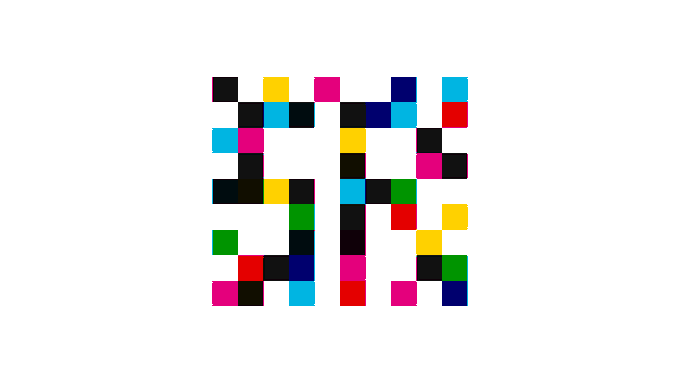 The image displays a QR code-style pattern made up of colorful square pixels in black, cyan, yellow, magenta, red, green, and dark blue against a white background. Accompanying the "gm" (good morning) post, the QR code likely serves as a scannable link or identifier to start the day with a digital greeting.