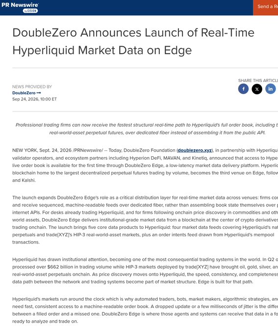 PR Newswire announcement from DoubleZero dated Sept 24, 2026, titled "DoubleZero Announces Launch of Real-Time Hyperliquid Market Data on Edge," detailing DoubleZero Foundation's partnership with Hyperliquid validators (DeFi, MAVAN, Kinetiq) to deliver Hyperliquid's full order book—including real-world-asset perpetual futures for oil, gold, and silver (HIP-3 markets)—as the third venue on DoubleZero Edge after Solana and Kalshi, providing uncapped L4 order book data plus order intents via dedicated fiber.