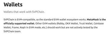 The image displays a "Wallets" section header with text explaining which wallets are compatible with SWPChain, noting it is EVM-compatible and officially supports MetaMask, while other EVM wallets like Rabby, OKX Wallet, Trust Wallet, Coinbase Wallet, Frame, and Keplr (in EVM mode) should also work. This complements the bridge tutorial by informing users which wallets they can connect to bridge assets on SWPChain.