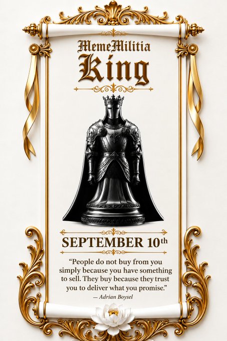 An ornate gold-framed poster titled 'MemeMilitia King' for September 10th, featuring a knight statue and a quote from Adrian Boysel about trust and delivery.