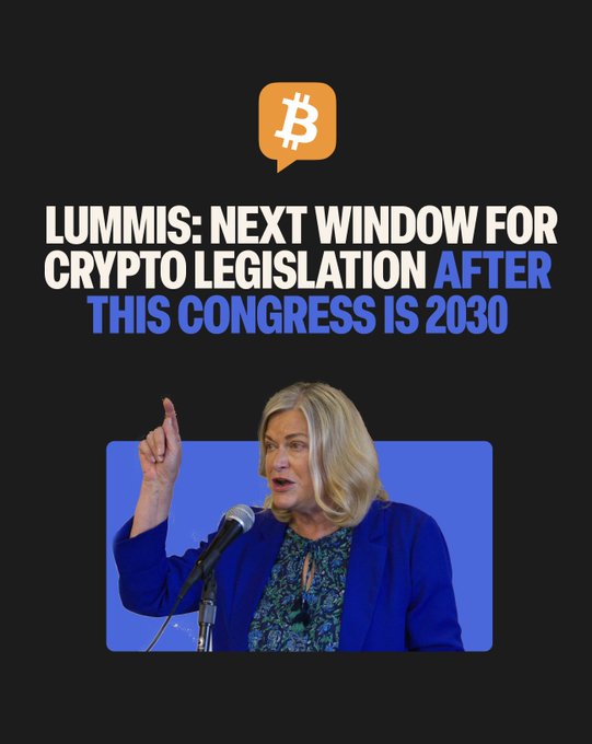 The image features a woman wearing a blue blazer standing at a podium, giving a speech or presentation. The background of the image is black with white text that reads "Lumis: Next window for crypto legislation after this Congress is likely 203." This suggests that Lumis is warning about the potential consequences of the Congress' decision on digital asset legislation and urging people to be prepared for the changes in the law.