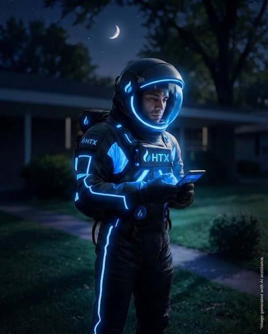 An HTX technician in a glowing black-and-blue spacesuit checks a device under a crescent moon outside a suburban home, visually echoing the caption's blend of everyday routine and cosmic ambition as he prepares for one final trade.