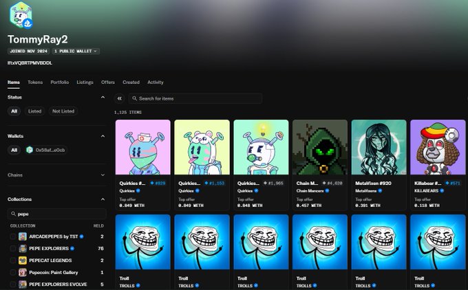 TommyRay2's Magic Eden profile displays a portfolio of 1,125 NFTs including Quikies, Chain Mobs, MetaWan, Killabear, and multiple Troll Trolls collections.