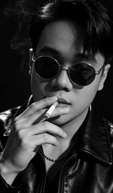 A young man wearing round dark sunglasses and a leather jacket smokes a cigarette in a moody black-and-white portrait, projecting a stylish and rebellious aesthetic that complements the post's "GM" (good morning) crypto sentiment promoting Bitcoin's foundational role and @Xeffy_io's mission to make cryptocurrency payments more practical.