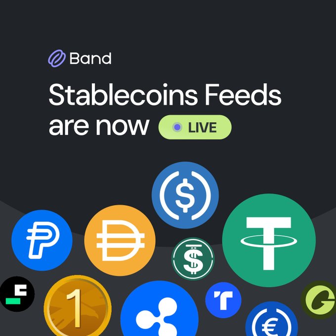 The image features a collection of various cryptocurrency symbols, including Bitcoin (BTC), Ripple (XRP), and Etherium (ETH). The text "Band" is written above these symbols, indicating that they are related to stablecoins or blockchain technology. The image also includes a button with the text "Live", suggesting that the content on this page is currently active and up-to-date.