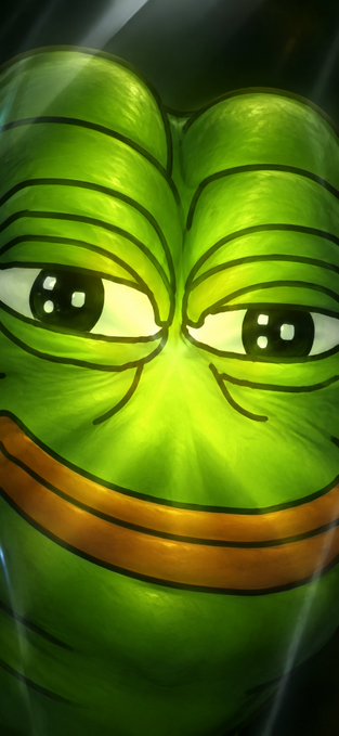 A close-up of Pepe the Frog's face, featuring large expressive eyes and his signature wide grin against a dark background with light rays.