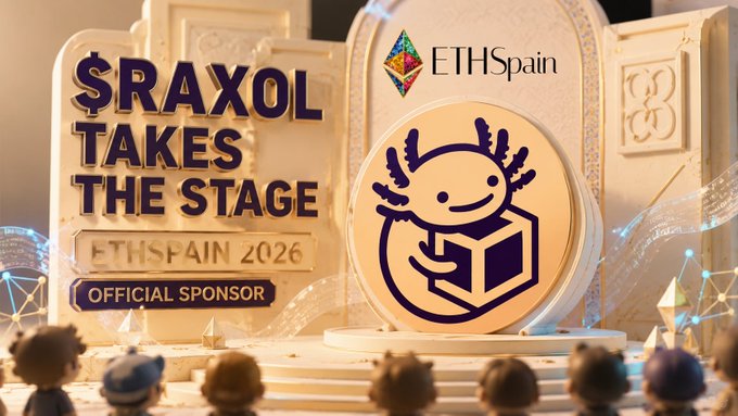 Promotional banner announcing '$RAXOL TAKES THE STAGE' as an Official Sponsor of ETHSpain 2026, featuring a cartoon mascot character.