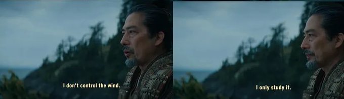 A two-panel cinematic shot of an older Asian man with a goatee in traditional clothing, with subtitles reading 'I don't control the wind.' and 'I only study it.'