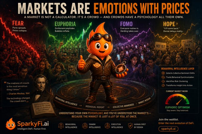 The image is a promotional graphic for SparkyFi.ai titled "MARKETS ARE EMOTIONS WITH PRICES," featuring a flame mascot surrounded by four emotional market phases (Fear, Euphoria, FOMO, Hope) with crowd imagery, Charles Mackay's quote about crowd madness, and a behavioral intelligence dashboard showing "Euphoric Optimism" as the current market mood. It visually reinforces the post's thesis that markets are driven by collective crowd psychology rather than pure calculation, with the central character embodying the individual insight that ultimately feeds into collective awareness and market wisdom.