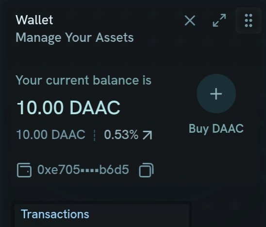 A digital wallet interface displays a balance of 10.00 DAAC with a 0.53% increase, showing a wallet address (0xe705...b6d5) and a "Buy DAAC" button, illustrating the wallet connection and token reward described in the post about RoboCorp's early access signup promotion.