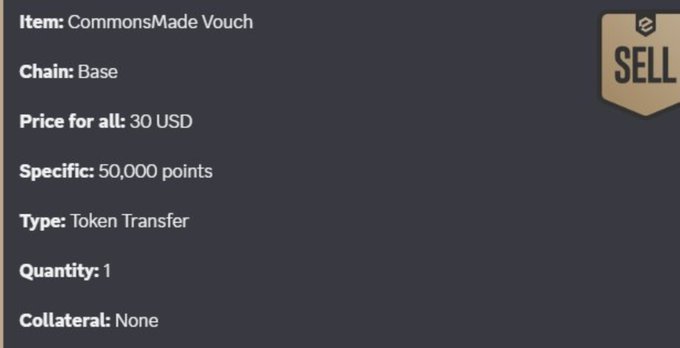 The image displays a sell listing for a CommonsMade Vouch on the Base chain, priced at $30 for 50,000 points via token transfer with no collateral. The post questions whether paying $30 for the vouch is a worthwhile purchase.