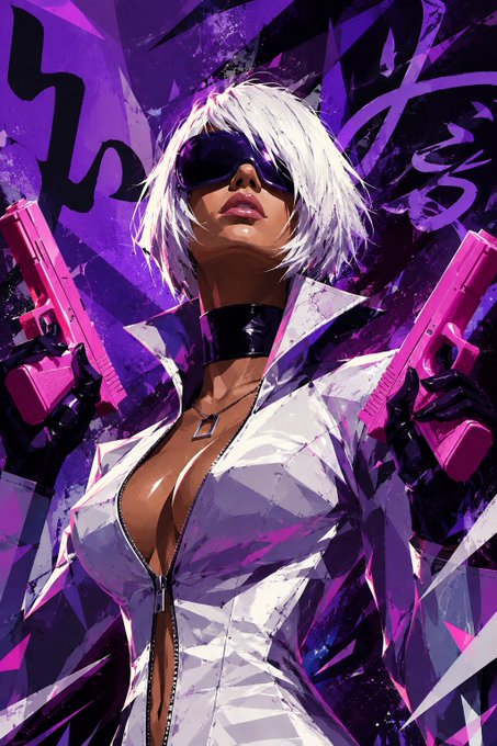 A stylized digital painting of a white-haired woman wearing dark sunglasses, an open white shirt, and black gloves, dual-wielding pink pistols against a purple graphic background.