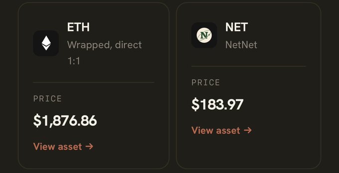 The image displays two crypto asset cards showing wrapped Ethereum (ETH) at $1,876.86 and NetNet (NET) at $183.97, with their respective tickers, logos, and "View asset" links. This visually highlights the NET token price that the post references as a microplay investment opportunity tied to the $NETNETCAP ecosystem.