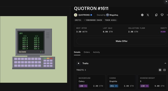 This is a screenshot of a NFT marketplace listing for "QUOTRON #1611" (ERC721 token), showing a pixel-art style vintage computer terminal displaying stock data for "N00BANK" on a green screen. The NFT has a best offer of 3.50 WETH, last sale of 8.99 ETH, and features 8 traits including Celery background (100%), Graphite casing (351), and a 5 dividend weight — matching the celebratory post about someone purchasing this NASDANK TERMINAL for 8.99 ETH.