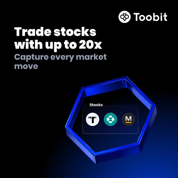 Promotional graphic for Toobit exchange advertising 'Trade stocks with up to 20x' leverage to 'Capture every market move', featuring stock icons for T, O, and M.