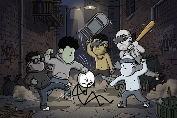 A cartoon illustration depicting a group of stylized characters in an alleyway aggressively attacking a small, sad-looking stick figure on the ground with a chair, baseball bat, and other objects