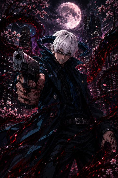 A dark anime-style illustration of a white-haired male character with horns pointing a handgun forward, set against a backdrop of a full moon, cherry blossoms, and a city skyline, surrounded by dark tendrils.