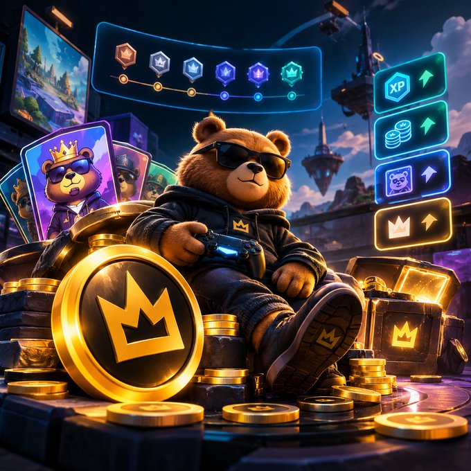 A 3D-rendered digital illustration depicts a cool brown bear wearing sunglasses and a hoodie, holding a controller while sitting on gold coins and game chests, with an XP progress bar displayed above.