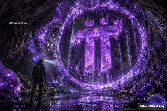 An explorer with a flashlight stands in a dark cavern facing a massive, glowing purple sigil carved into the rock wall, credited to @PiWeb3Army.