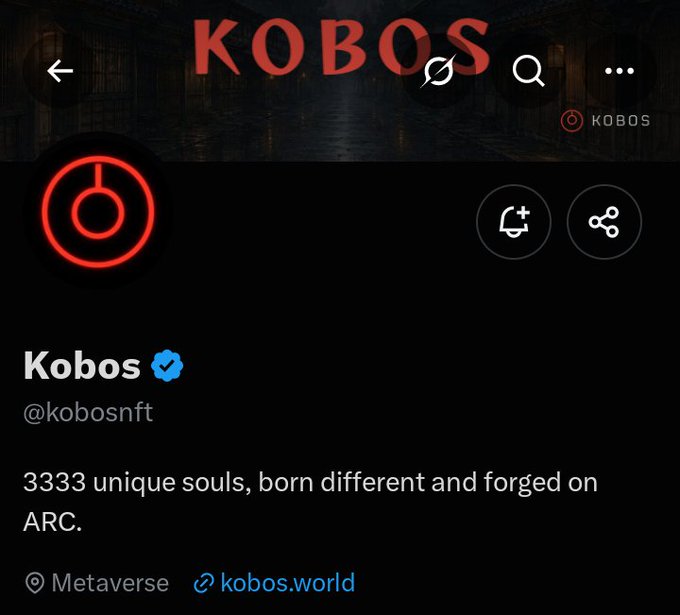 Twitter/X profile page for 'Kobos' (@kobosnft) featuring a red power-button logo and bio reading '3333 unique souls, born different and forged on ARC,' linked to kobos.world.