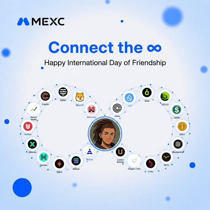 A MEXC "Connect the ∞" promotional image celebrating International Day of Friendship, featuring an illustrated avatar in the center surrounded by a network of interconnected crypto tokens including Aptos, SUI, Kava, USDD, USDC, USD1, SOL, XRP, Shiba, Hacken, Pharos, Ondo, Algotech, Chiliz, WLFI, LayerZero, Blockstreet, DogeOS, Notcoin, Coupler, SufiCoin, xStocks, and Atomic Vaults.

The image visualizes the post's theme of community and connection—using the infinity symbol and web of linked coin avatars to represent how MEXC's diverse ecosystem becomes a place where strangers turn into the "familiar faces" the author now crosses paths with every day.