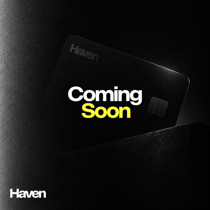 A dark, sleek promotional teaser image for a black credit card from "Haven" featuring the text "Coming Soon" in white and yellow lettering.