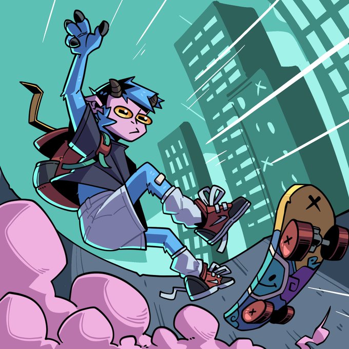 A colorful cartoon illustration of a blue-skinned horned character with yellow goggles skateboarding through a stylized city, kicking up pink smoke clouds next to a skateboard with an 'X' design.