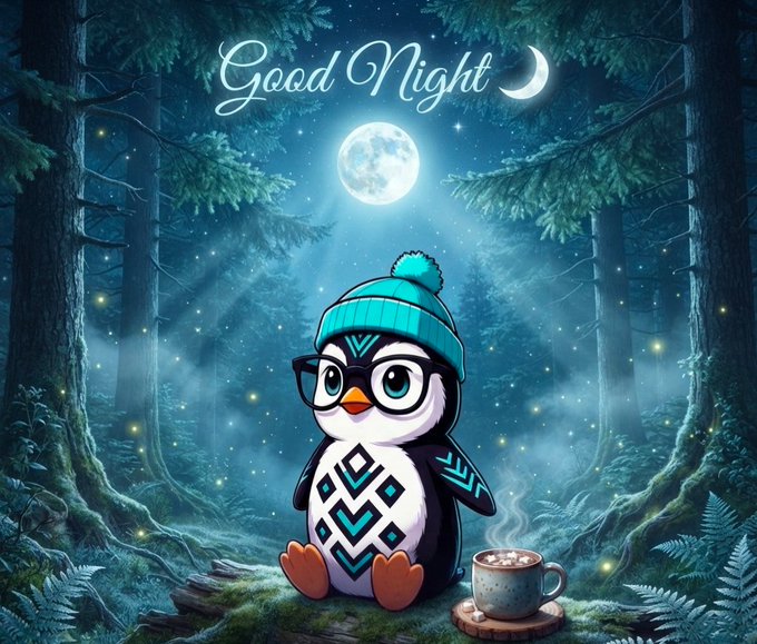 A whimsical 'Good Night' illustration featuring a cartoon penguin wearing glasses and a winter hat, sitting in a moonlit forest with a hot beverage beside it.
