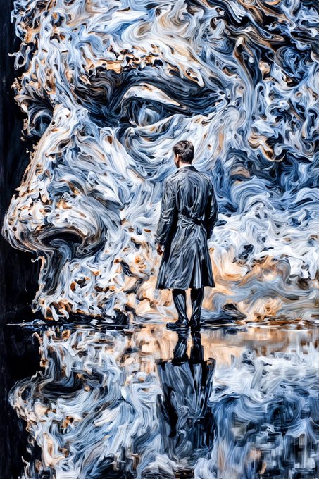 The image features a man standing next to a large, abstract painting that depicts an old face with blue and white swirls. The man appears to be looking at his reflection in the painting's surface. The caption of the image reads "#TEZOSTUESDAY".