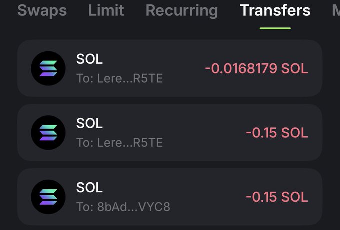 A mobile app screenshot showing a 'Transfers' tab with three SOL (Solana) cryptocurrency transactions sending -0.0168179 SOL, -0.15 SOL, and -0.15 SOL to addresses 'Lere...R5TE' and '8bAd...VYC8'.