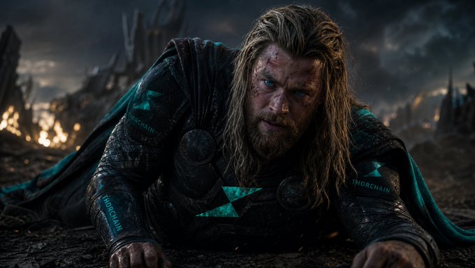 The image captures a scene reminiscent of a triumphant or battle-weary superhero moments after a fierce confrontation. Clad in a striking black and teal cape with the letters "THOR" emblazoned on his tunic, the warrior's disheveled appearance implies he has been through a considerable ordeal. His pronounced Norse aesthetic, complete with flowing blonde hair braided with frayed blue threads, evokes a blend of ancient mythology and modern fantasy. The battlefield's chaos, with blazing fires in the background and a ominous, stormy sky, amplifies the sense of recent combat. This powerful depicted figure is locked onto something before him, hinting at either a relentless focus or an anticipation of the next challenge, mirroring the narrative of the THORChain's resilience and endurance in the face of repeated setbacks. After being knocked down many times, and going through constant trials, can it emerge victorious?