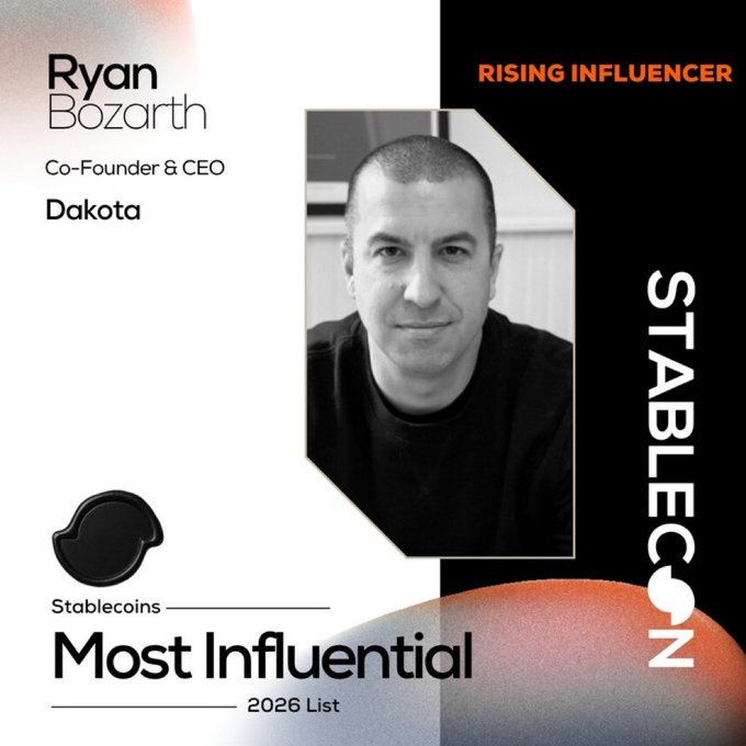 A 'Most Influential 2026 List' profile card for Ryan Bozarth, Co-Founder & CEO of Dakota, recognized as a 'Rising Influencer' in Stablecoins by Stablecoin (@RedfeastMike watermark visible).