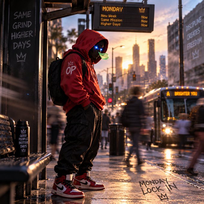 A hooded figure in a red "OP" hoodie stands at a city bus stop at sunrise, blowing a green bubble gum bubble, with motivational slogans "SAME GRIND HIGHER DAYS" and "DISCIPLINE CREATES FREEDOM" painted on the walls, a digital sign reading "MONDAY - New Week / Same Mission / Higher Days," and "MONDAY LOCK IN" scrawled on the wet pavement, capturing the post's "lock in, stay grounded" Monday energy.