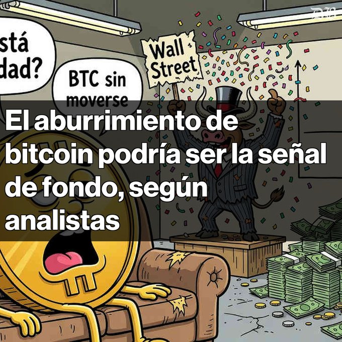 A cartoon illustration features a tired Bitcoin coin on a couch while a Wall Street bull celebrates amidst falling confetti and stacks of cash, with Spanish overlay text stating 'El aburrimiento de bitcoin podría ser la señal de fondo, según analistas' and speech bubbles reading 'BTC sin moverse' and 'Wall Street'.