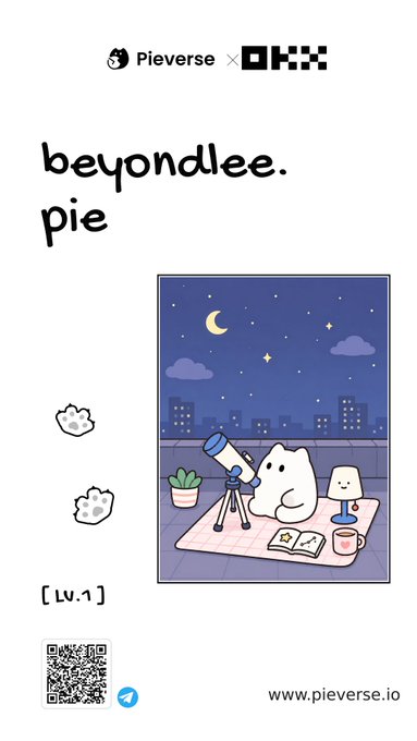The image features a poster for an OKX wallet app called Pieverse. The poster includes a cartoon illustration of a cat looking through a telescope, with the text "Beondlee pie" written above it. Below this, there are two small images of cats and a potted plant. The poster also contains a QR code that can be used to access more information about the app or to download it onto a device.