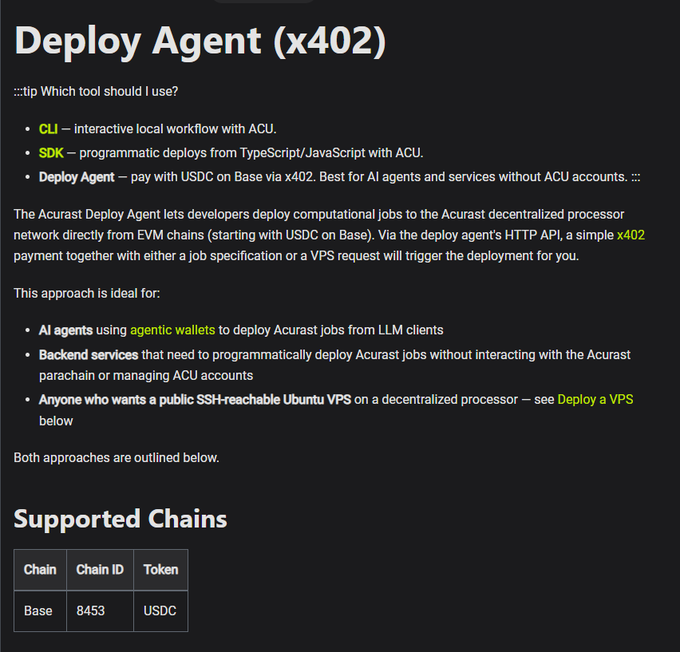 A technical documentation page titled 'Deploy Agent (x402)' explaining how to deploy computational jobs to the Acurast network via USDC on Base, with a table of supported chains showing Chain ID 8453.