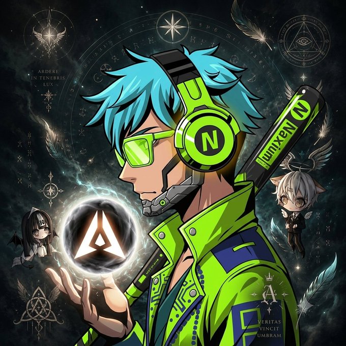 A cyan-haired anime character wearing "Nexuni" branded green headphones and jacket holds a glowing "A" triangle symbol, flanked by two chibi figures—one winged and demonic, one angelic—against a mystical backdrop with Latin text including "ARDERE IN TENERIS LUX" and "VERITAS VINCIT UMBRAM," visually channeling the post's theme of seizing early entry opportunities into the @GenLayer Portal.
