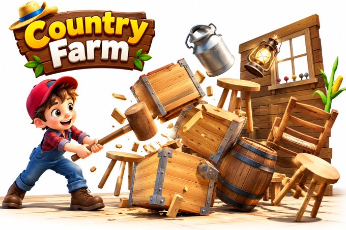 Cartoon illustration for 'Country Farm' showing a boy in overalls and a red cap swinging a mallet to smash wooden crates, with a milk can, lantern, and stools scattered around.