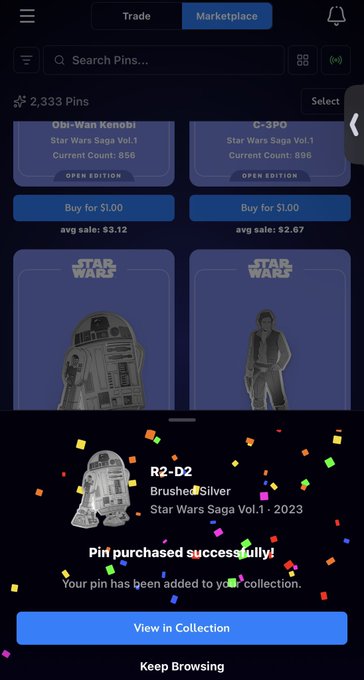 A Disney Pinnacle app screen shows the marketplace offering Star Wars Saga pins including Obi-Wan Kenobi and C-3PO for $1.00 each, with a confetti notification confirming the successful purchase of an R2-D2 Brushed Silver pin, demonstrating the platform's ability to buy NFTs directly from a mobile app in support of the post's argument for adding offers and trades.