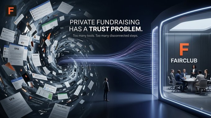 A promotional graphic for FairClub displaying the text 'PRIVATE FUNDRAISING HAS A TRUST PROBLEM. Too many tools. Too many disconnected steps.' alongside a figure walking through a whirlwind of floating documents toward a meeting room.