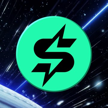 A glowing green Strike Finance logo featuring a stylized "S" with a lightning bolt is displayed against a cosmic backdrop of stars and shooting comets. The image visually represents the Strike Finance platform mentioned in the post announcing that Cardano's $ADA Strike Finance has listed Coinbase ($COIN) with up to 20x leverage.