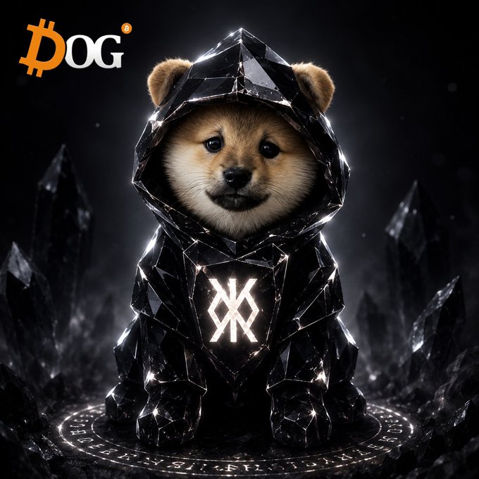The image features a small brown dog wearing a black hooded jacket with a white "XK" emblem, sitting on a rock formation or pedestal. The background of the image is dark, which contrasts with the dog's outfit and emphasizes its presence in the scene. The caption below the image reads "Bullish on Runestone Bullish on Bitcoin culture", suggesting that the dog might be associated with a particular subculture or trend related to cryptocurrency.