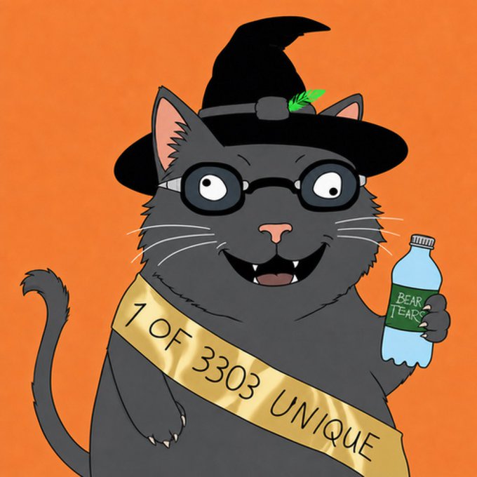 A cartoon illustration of a gray cat wearing a black witch hat, glasses, and a gold sash reading '1 OF 3303 UNIQUE', holding a bottle labeled 'BEAR TEARS'.