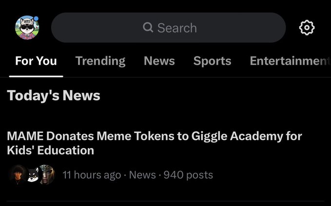 The image shows a dark-themed news feed displaying "Today's News" with a top article titled "MAME Donates Meme Tokens to Giggle Academy for Kids' Education," posted 11 hours ago in the News category with 940 posts. The headline reflects the post's content about MAME's charitable donation to Giggle Academy, though the feed interface itself does not display specific transaction details like the $80k figure mentioned in the accompanying post.