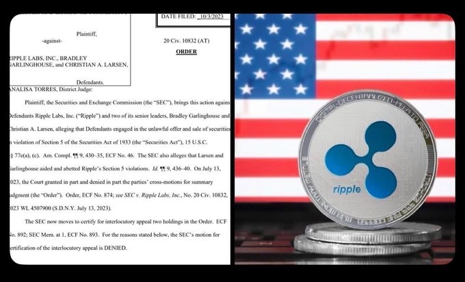 A document dated 10/3/2023 related to SEC vs. Ripple Labs, Bradley Garlinghouse, and Christian A. Larsen, alongside a Ripple (XRP) cryptocurrency coin displayed in front of an American flag.