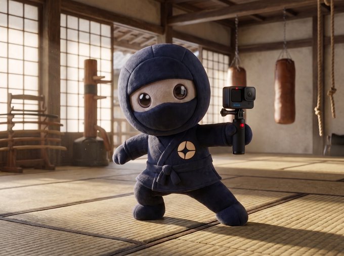 A 3D-rendered plush ninja character stands in a martial arts dojo holding a small camera on a gimbal, with punching bags and a wooden dummy in the background.